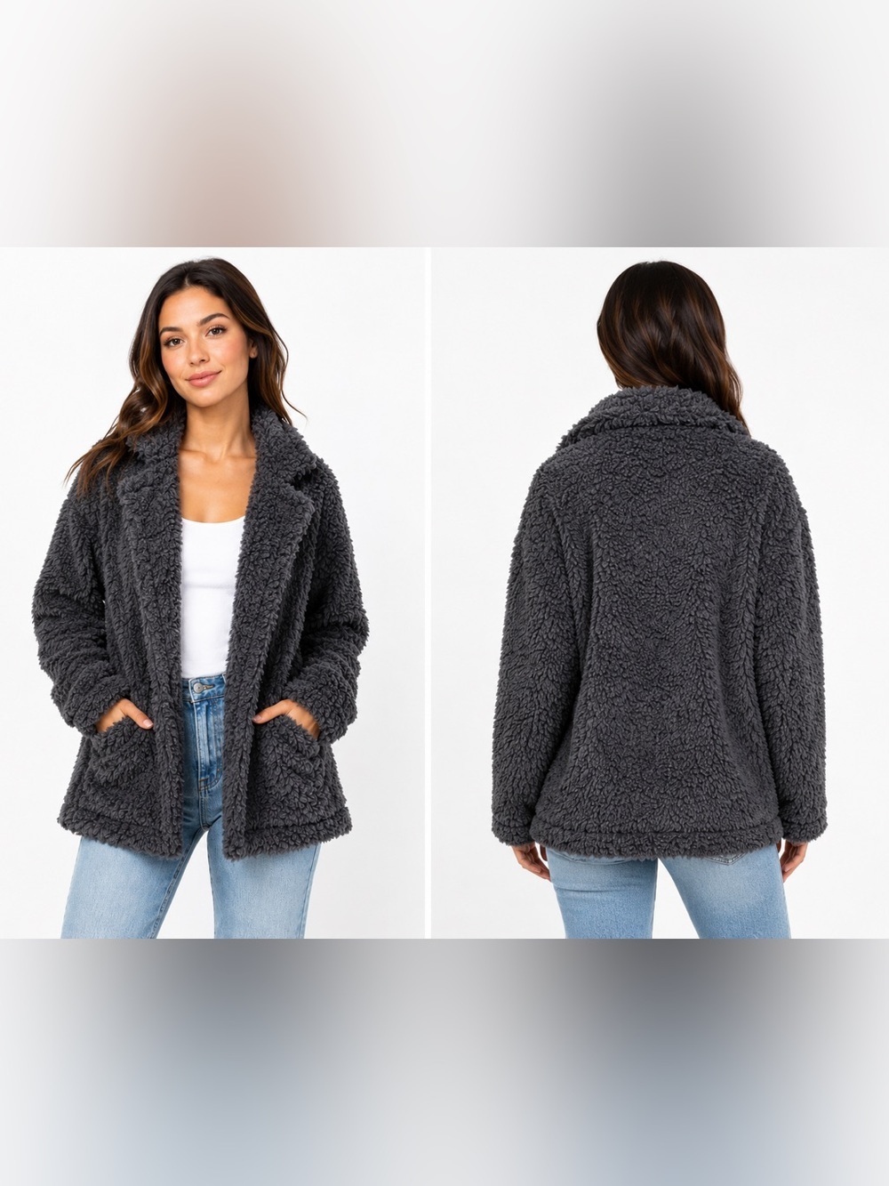 PJ Salvage Teddy Faux Fur Jacket Women’s Large Gray Cozy Open Front Coat